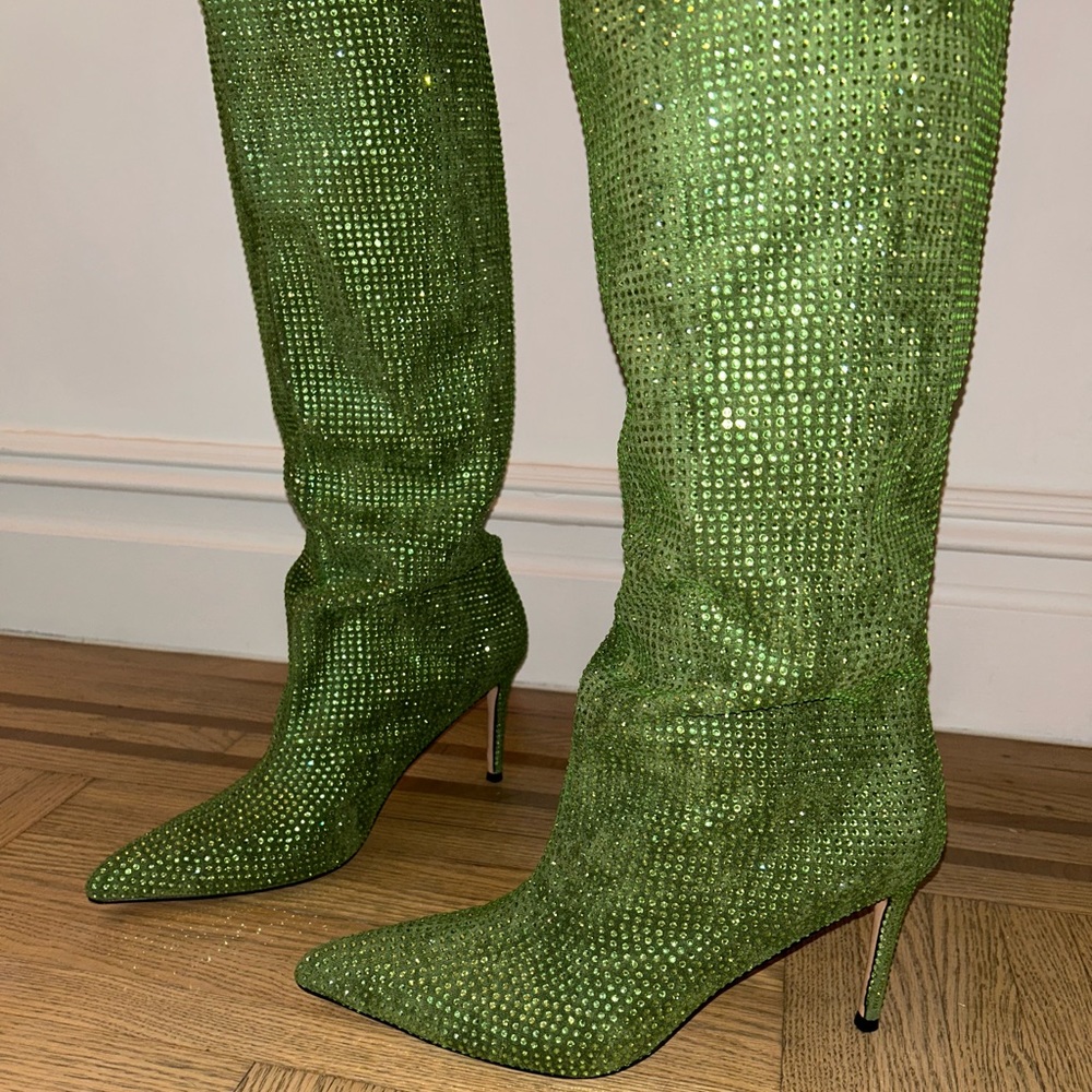 Green sparkly wide calf boots